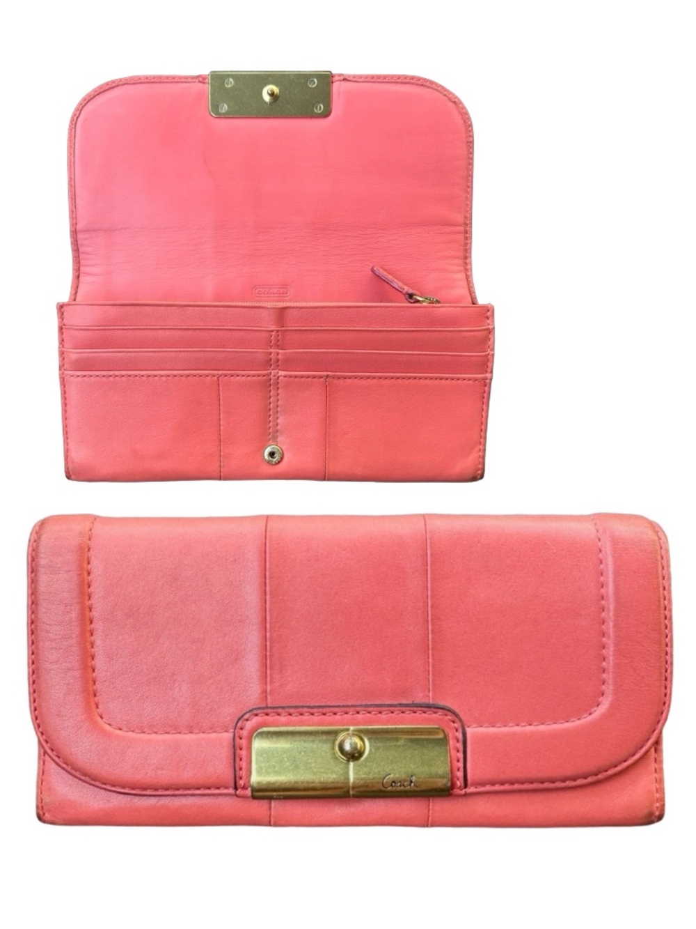 Coach Kristin Coral Pink Leather Flap Wallet Push Lock Clasp Envelope Clutch Bag